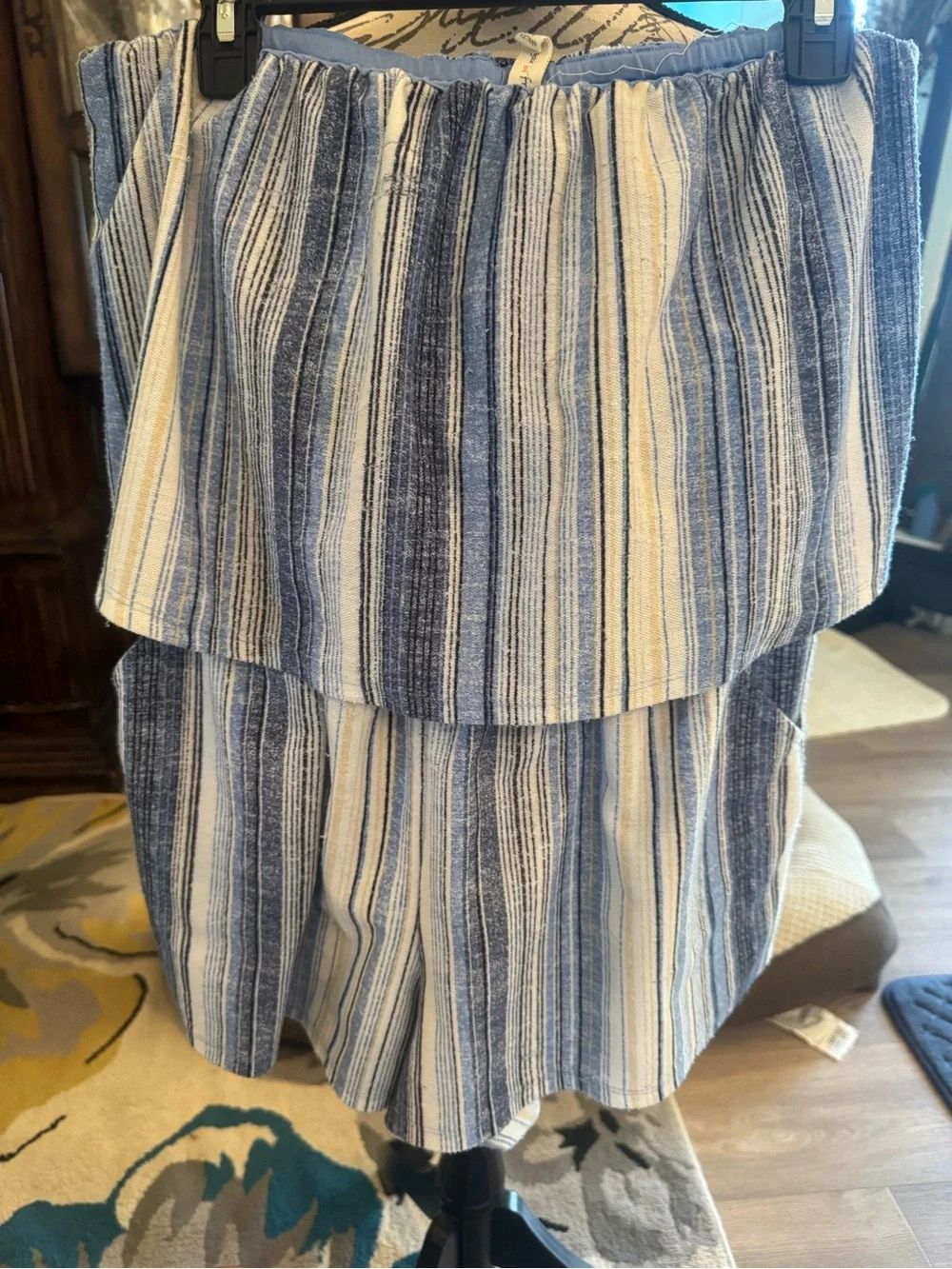 Bebop Striped Off-Shoulder romper in Blue and Cream large